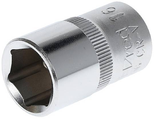 Metal-look socket adapter with a cylindrical shape and hexagonal intake opening, inscription remains illegible.