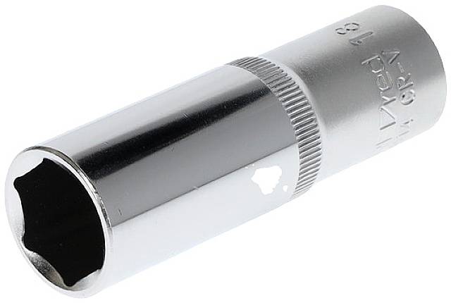 A chrome-plated socket attachment, cylindrical and hexagonal in shape, for use with ratchets or torque wrenches.