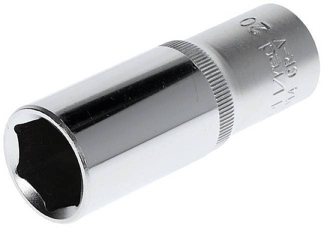 Chrome-plated hexagonal socket with a six-sided opening, used for screw work with socket wrench systems.