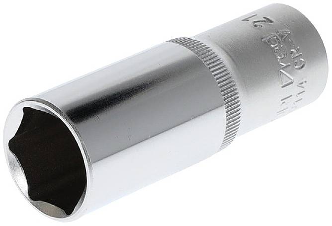 Metal socket wrench with knurled ring, used for mechanical work to adjust screw connections.