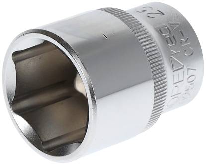 Silver hexagonal socket with a knurled handle. Used for ratchet or socket wrenches in mechanical engineering.