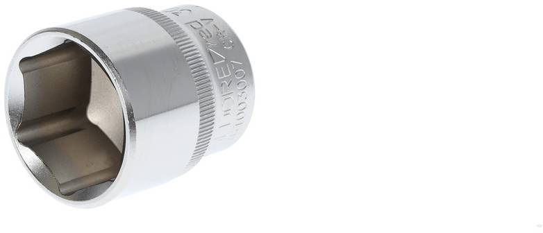 Chrome socket wrench attachment in close-up, cylindrical shape with square opening. Tool for screws and nuts.