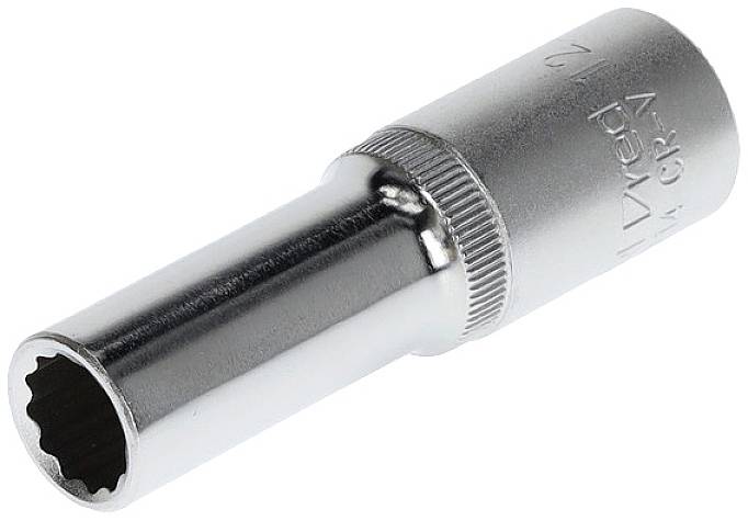 Silver-coloured hexagonal socket with a knurled handle. Size marking visible on the side. Tool for loosening screws.
