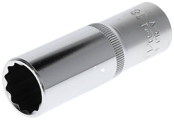 Metal socket with a knurled grip and 12-point opening, suitable for screw mounting.