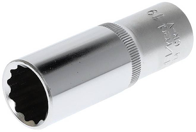 A silver hexagonal socket, size 19 mm, for use with a spanner or ratchet.