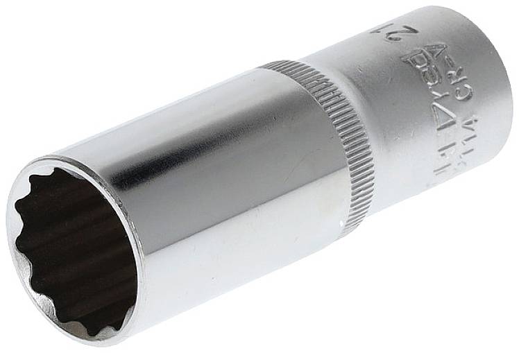 Hexagon socket made of shiny metal with a knurled end. Suitable for spanners to secure nuts or bolts.