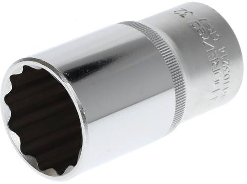 A silver socket extension for 32 mm nuts, made of metal, cylindrical with ribbed patterns and numbers/markings.