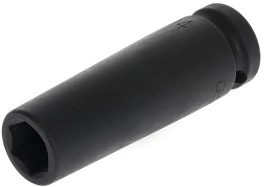 A black hexagonal socket adaptor, slightly angled, with a smooth surface.