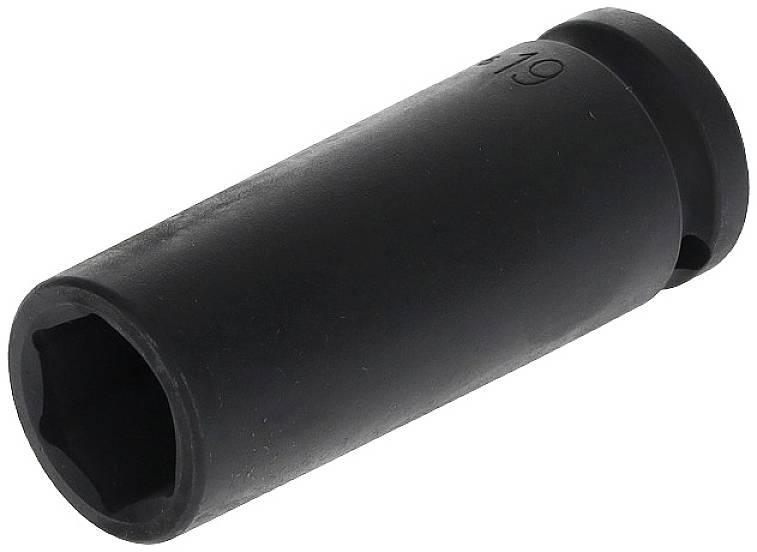 A black socket, suitable for use with a torque wrench or ratchet tool, on a white background.