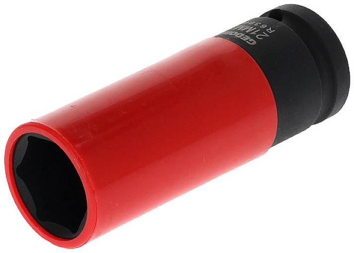 A red socket insert with a black tip, used as a tool for loosening or tightening threaded connections.