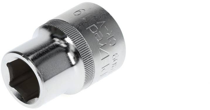 A chrome-vanadium steel hexagonal socket with '19' and 'CR-V' stamped on it, demonstrating a robust and durable construction.