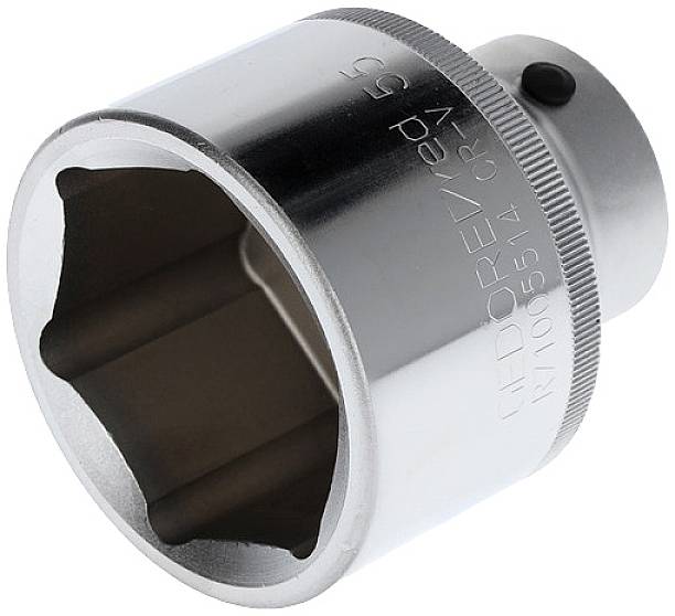 Chrome-plated socket with a round opening and fluted edge, suitable for tools in the mechanical sector.