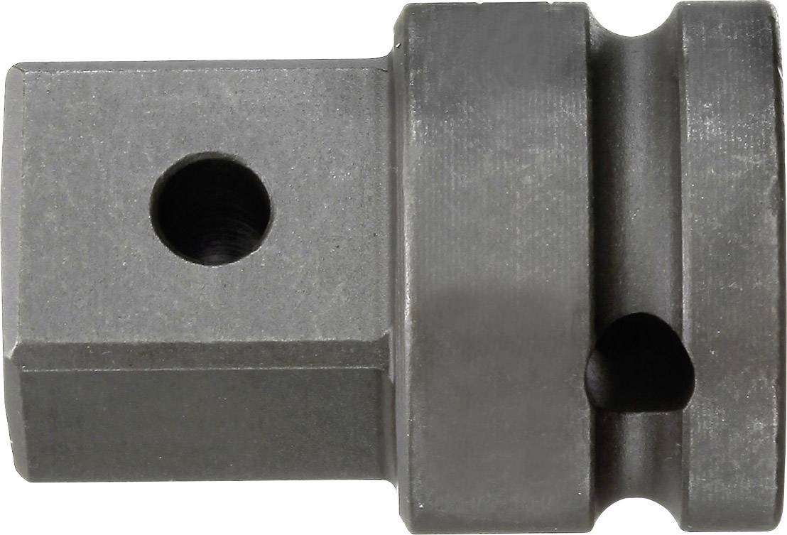 Metal component with cylindrical and square sections and two holes. Potential use in machinery or as an adapter.