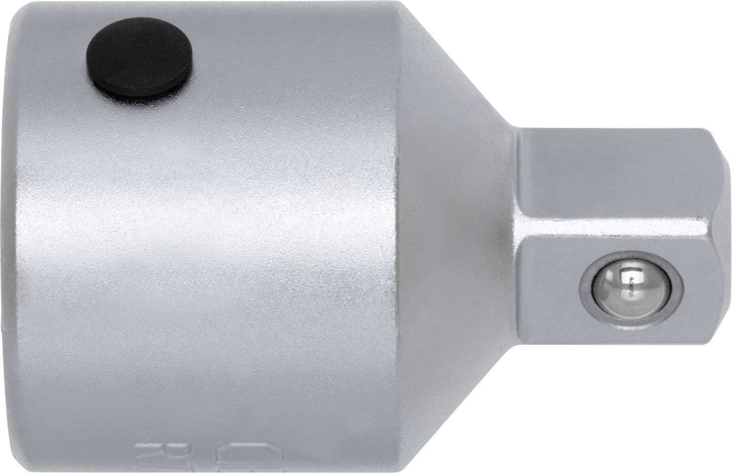 Silver adapter for socket wrench with round ball lock and black button.