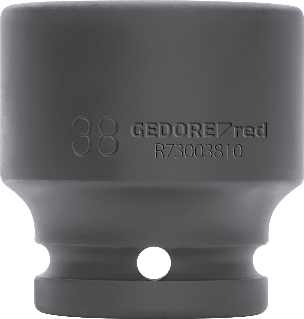 'GEDORE red, 38, R73003810' Socket, cylindrical, in grey colour with openings and marking on the side for tool use.