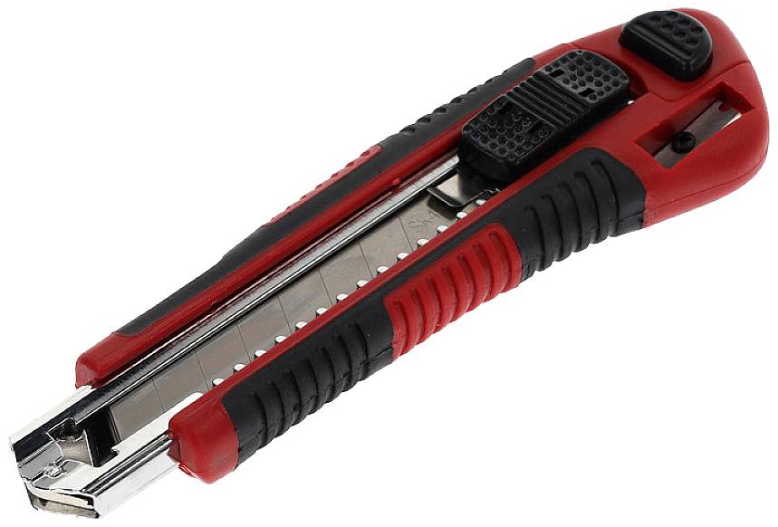 A red and black universal knife with a retractable blade, suitable for cutting tasks.