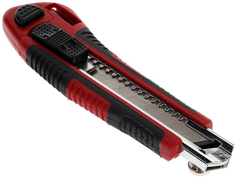 A red and black carpet knife with an extendable blade, suitable for precise cutting of paper or cardboard.