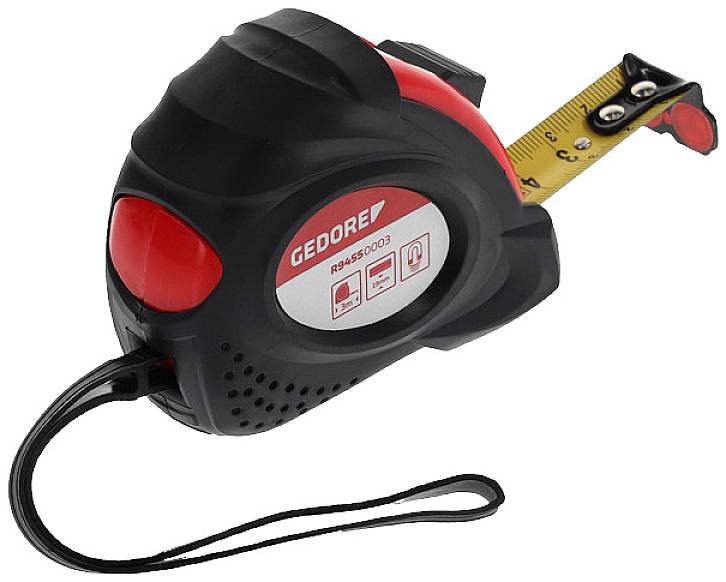 A black and red tape measure by 'Gedore', 5 metres long, with a hand loop, partially extended.