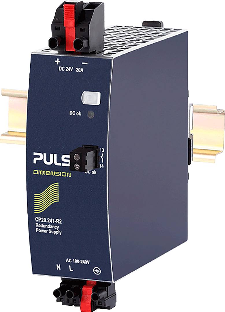 Power supply module with the inscription 'PULS Dimension'. Model: CP20.241-R2. DIN rail mounting, indicator LEDs and connections visible.