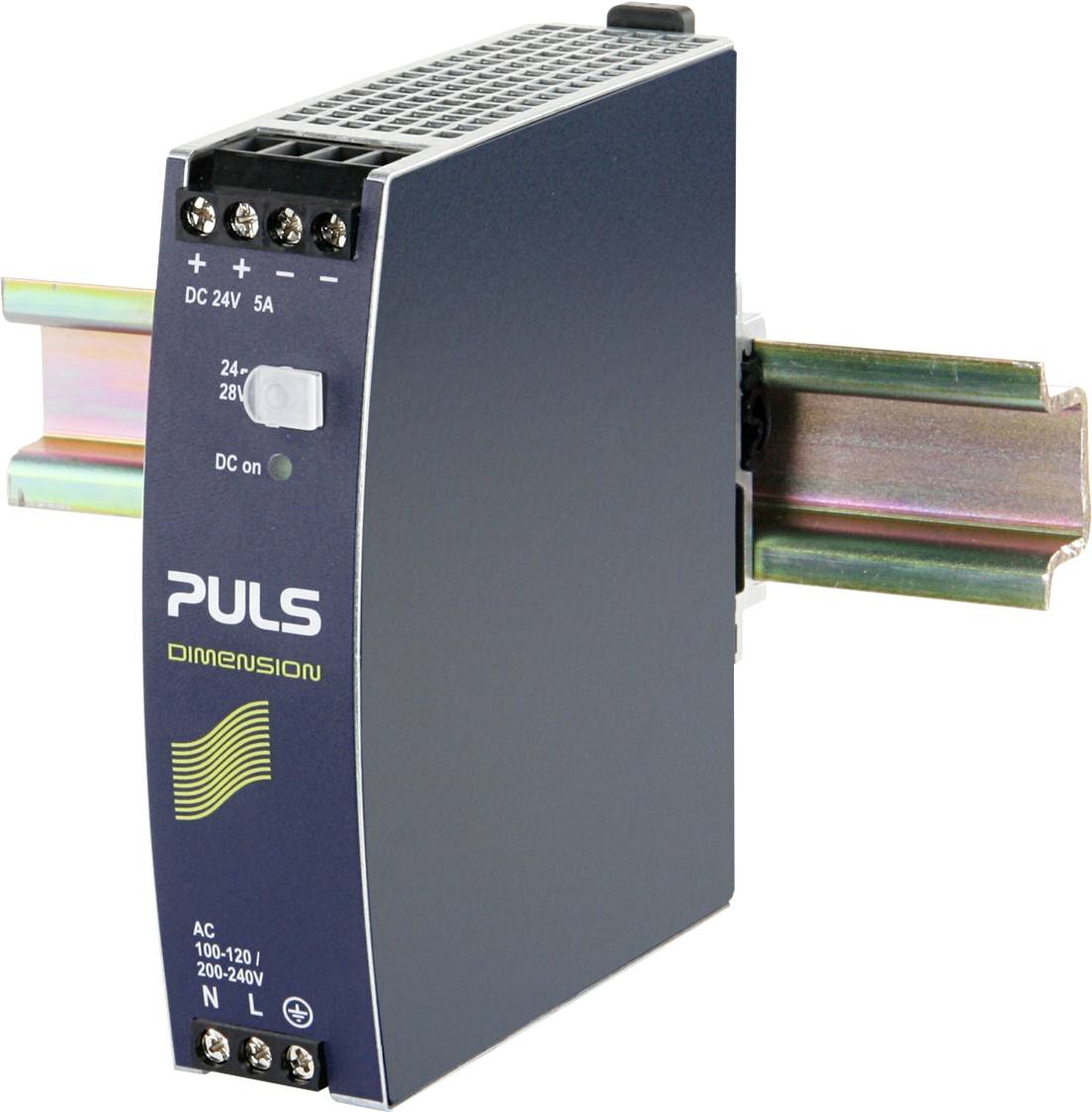 'PULS Dimension' DIN rail power supply, 24V output, 5A current rating. Used in industrial applications.