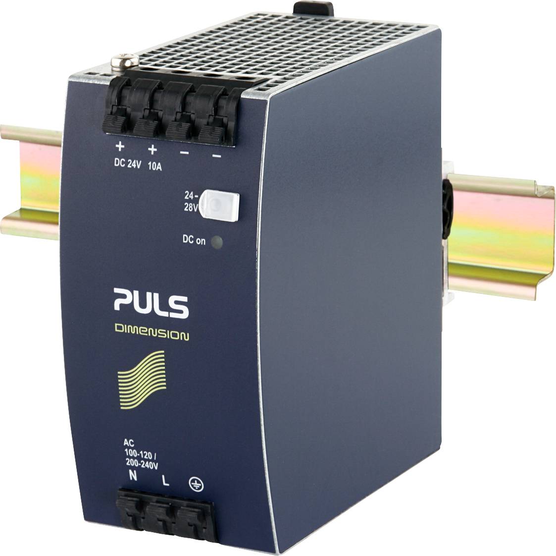 PULS power supply unit, 'DIMENSION' model, for DIN rail mounting. Input: AC 100-120 V/200-240 V. Output: DC 24 V, 10 A.