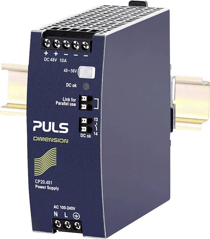Power supply 'PULS Dimension CP20.481', 48V, 10A, DIN rail mounted, with terminals for DC and AC.