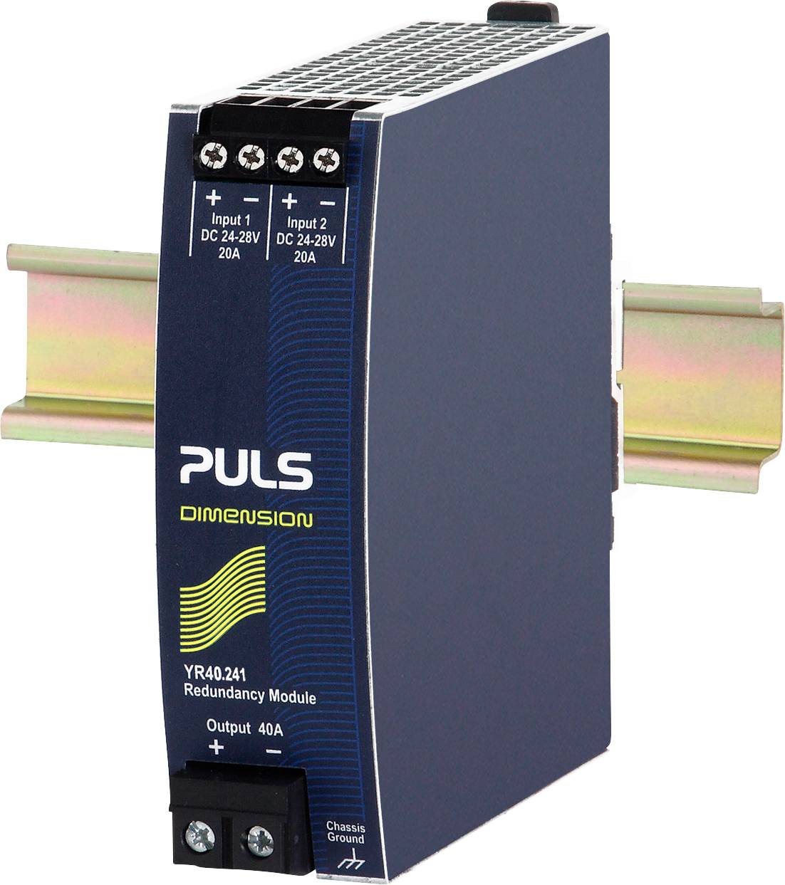 Redundancy module by Puls mounted on a DIN rail, Model YR40.241, with two DC inputs and a 40A output.