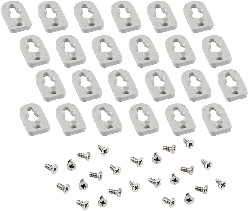White mounting set with 20 keyhole plates and screws, suitable for secure wall or furniture fixings.