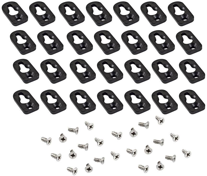 Several black plastic fixings and silver screws on a white background, likely for wall-mounting objects.