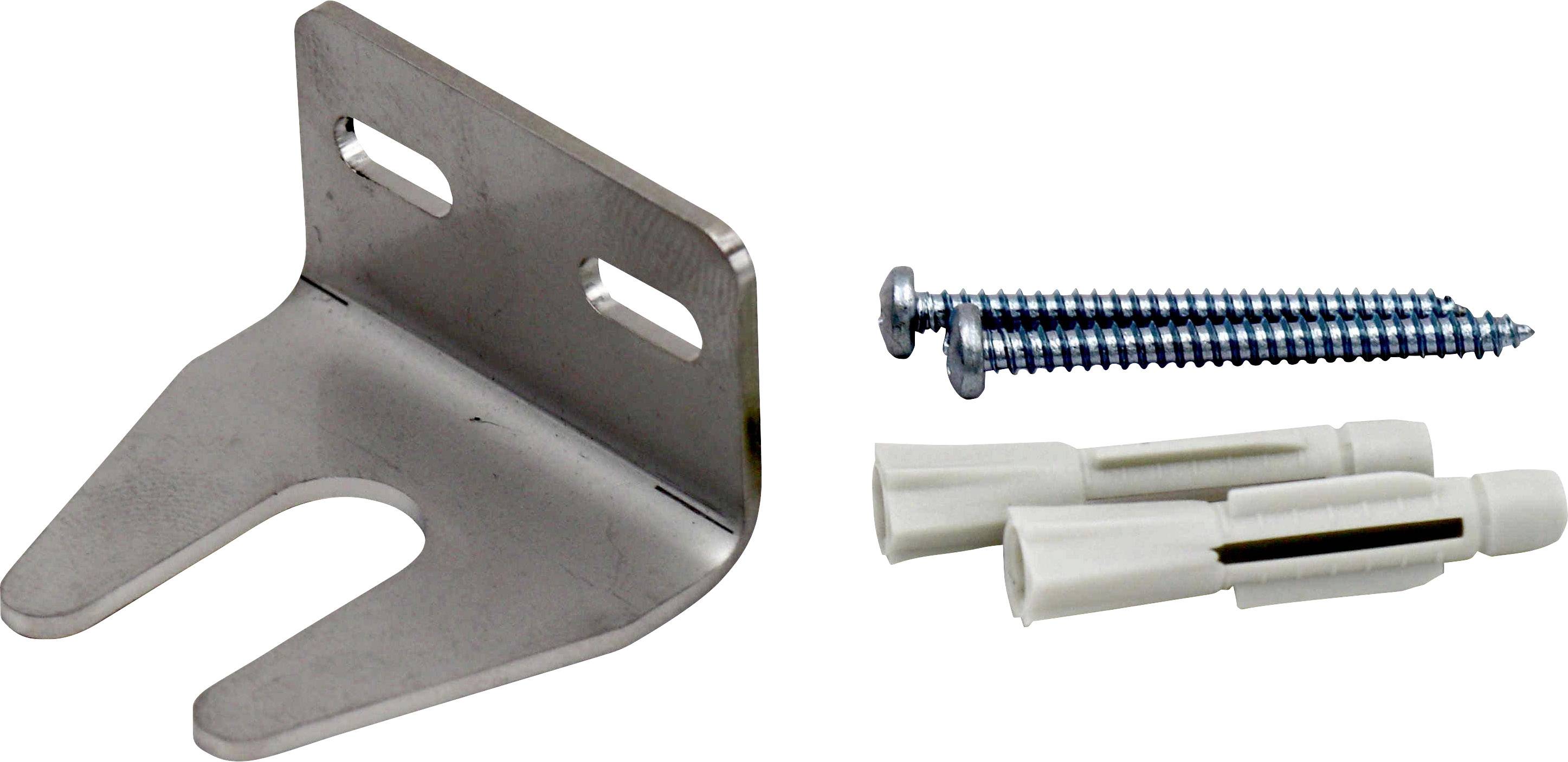 Metal angle bracket with two screws and wall plugs, suitable for wall mounting.