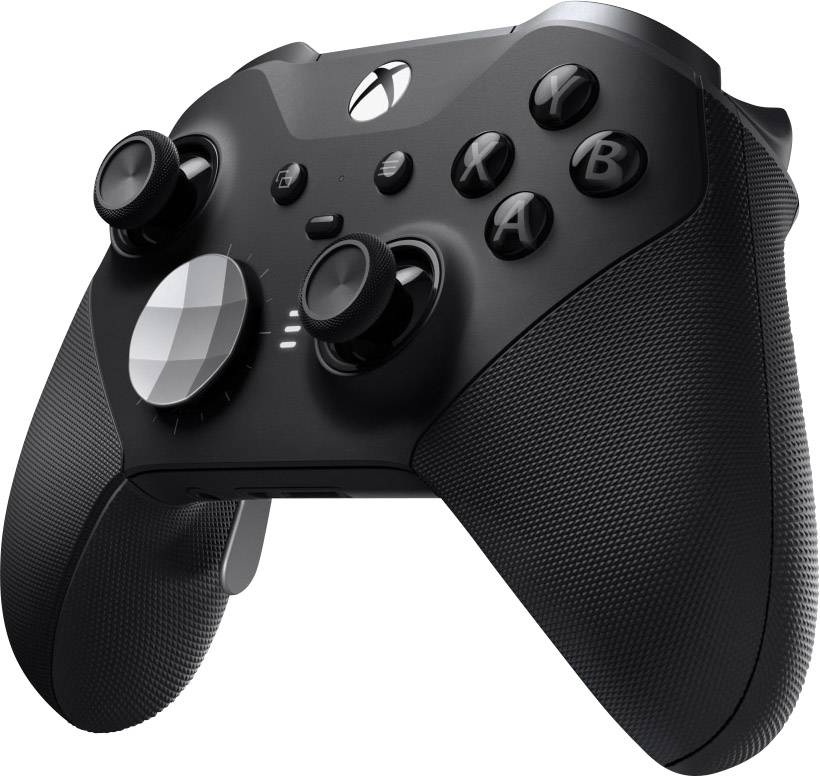 A black games controller for consoles with various buttons and joysticks, ergonomic design for comfortable gaming.