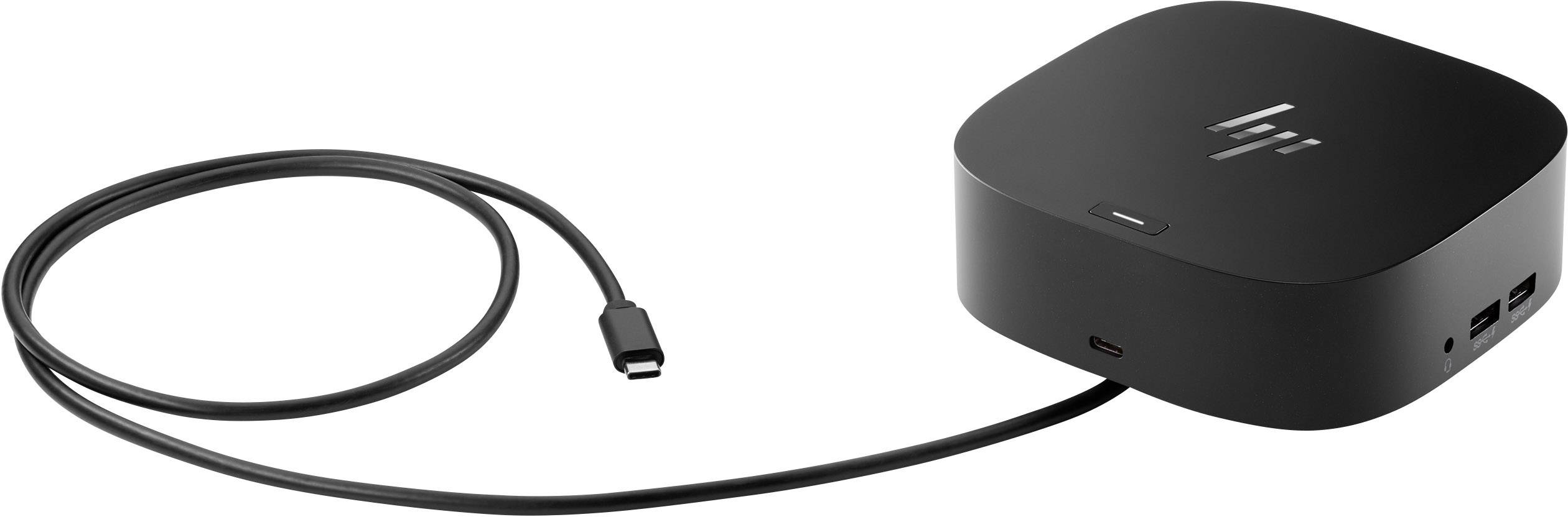 A black electronic device with a brand logo on the top surface. It has an attached USB-C cable.
