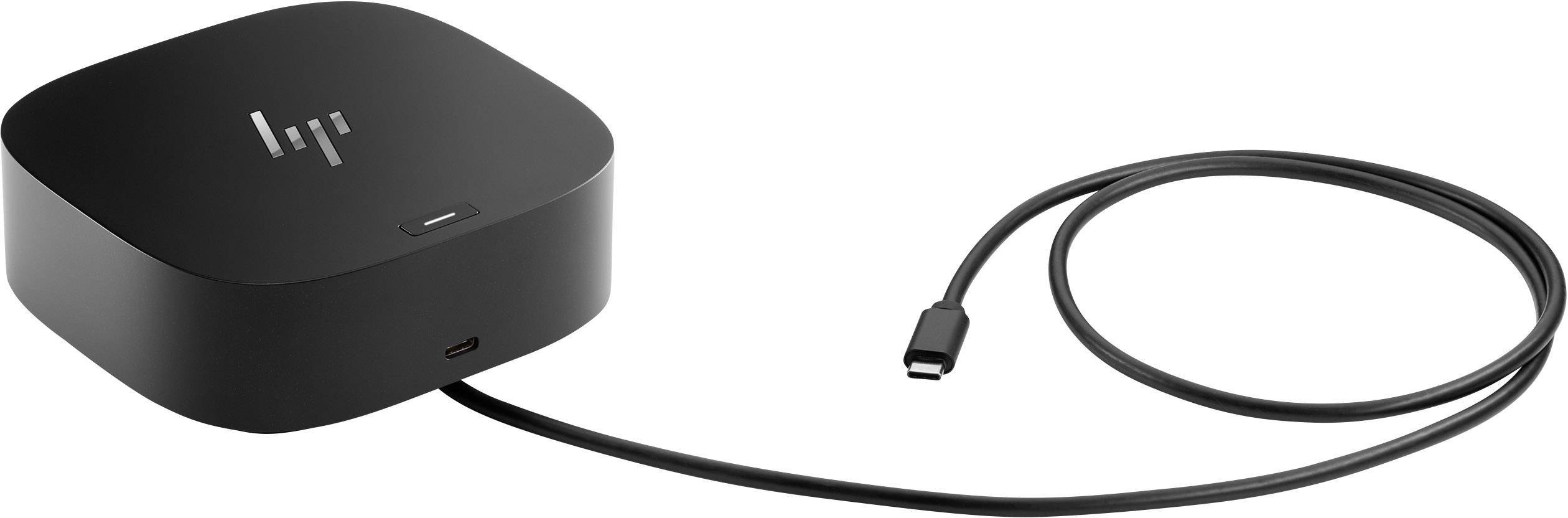 A black docking station device with a USB-C cable plugged in, the HP logo is visible on the top of the device.