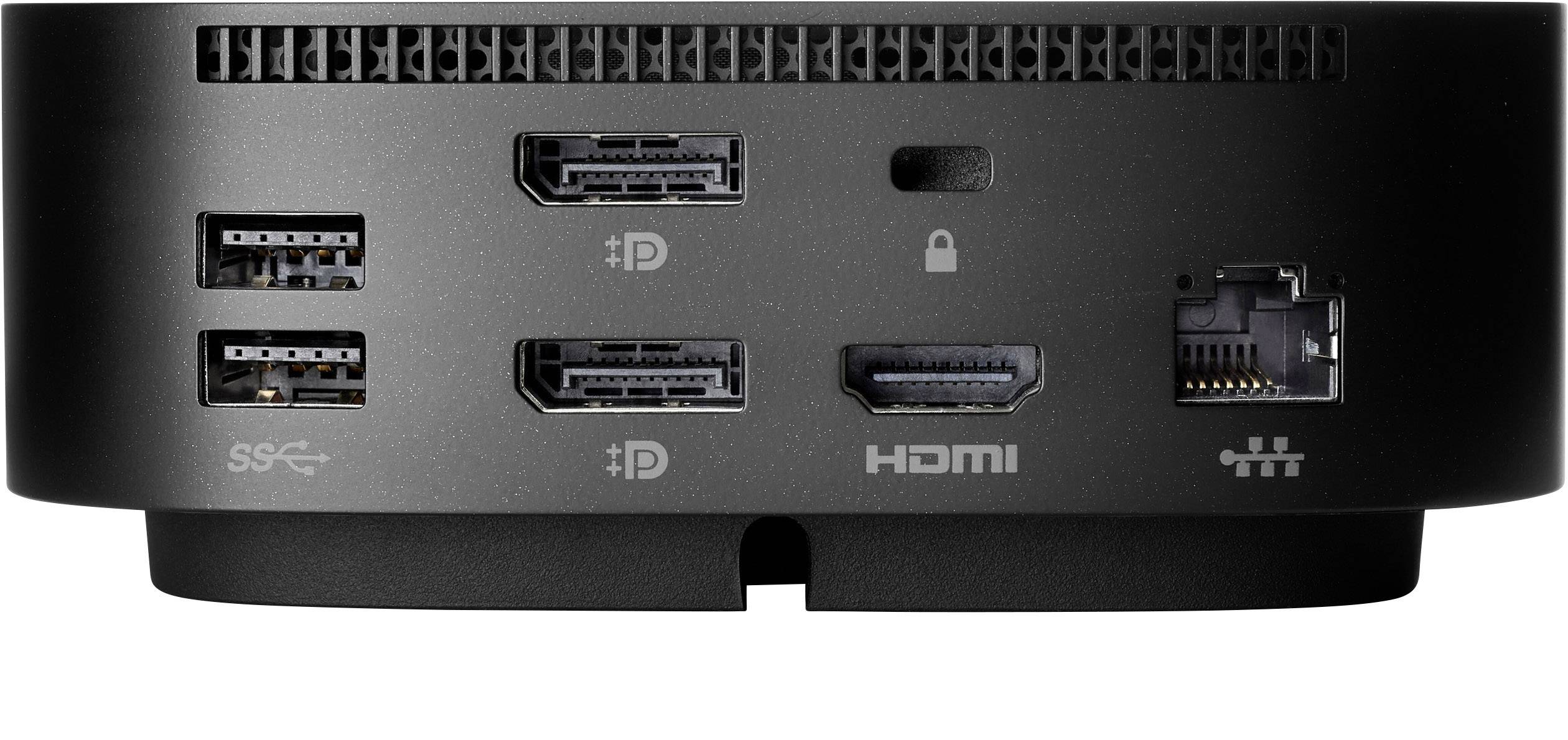 Back of a black computer device with connections: two USB ports, two DisplayPorts, HDMI, Ethernet and a Kensington lock.