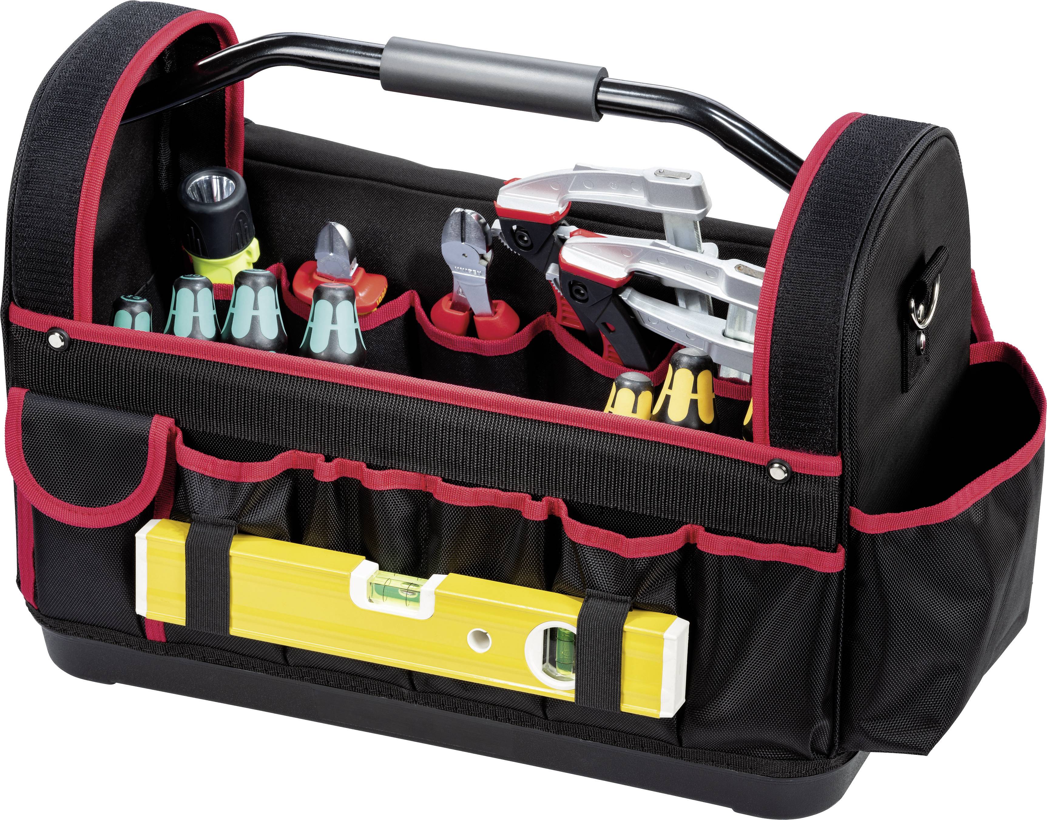 An opened black tool bag with red accents, filled with various hand tools such as pliers, screwdrivers and a spirit level.