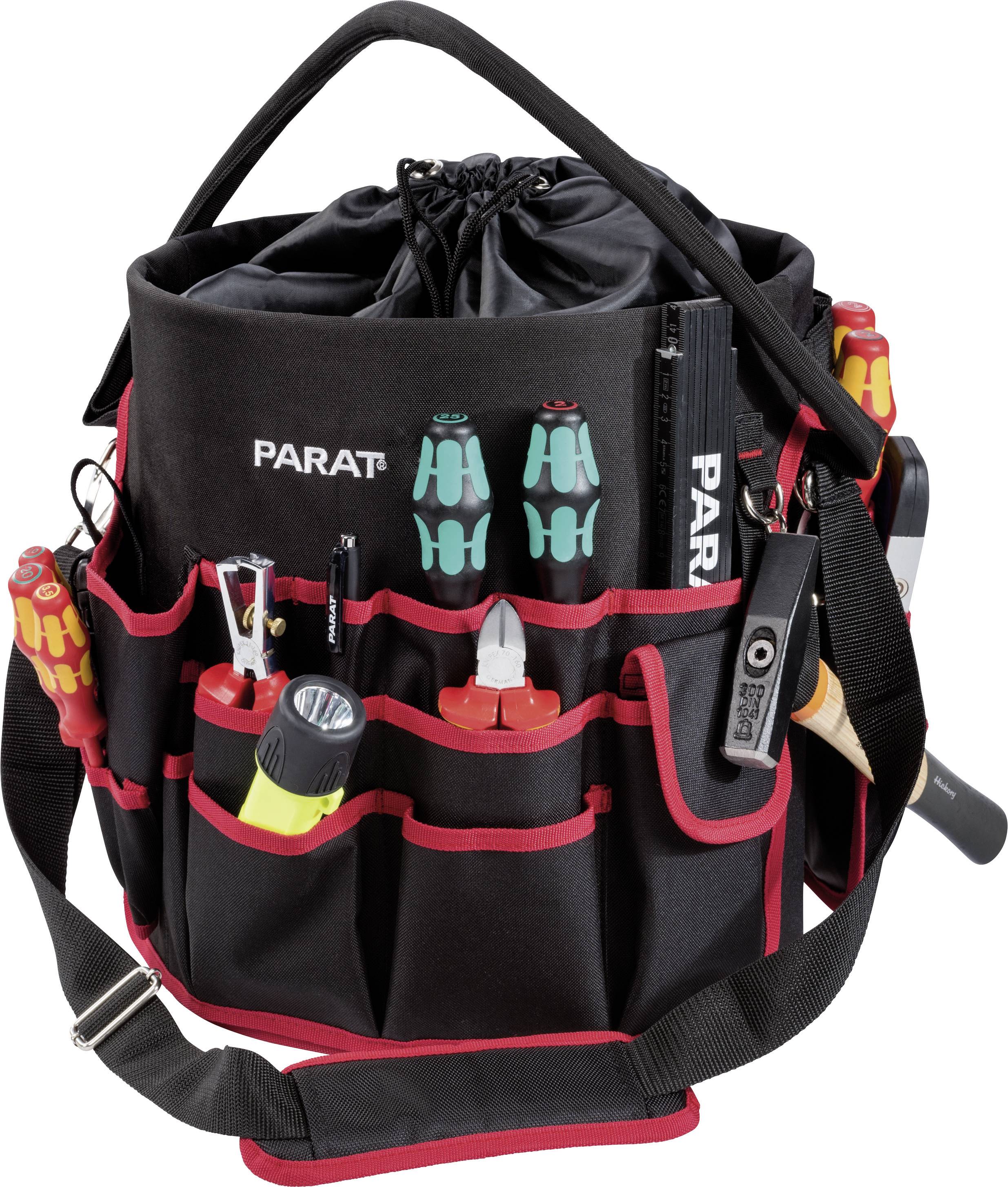 Black tool bag with red details, filled with various tools such as screwdrivers, pliers and torch.