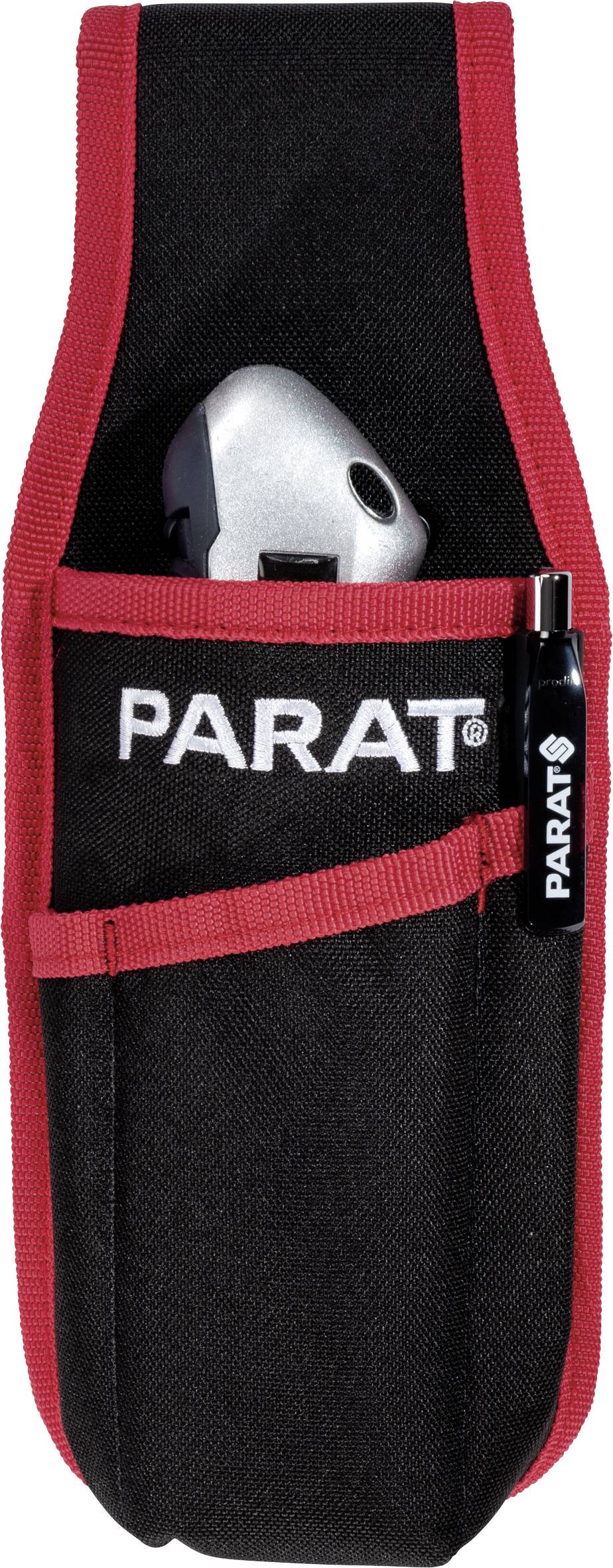 Tool bag by Parat with a knife and a pen in its compartments. It has a black and red design and is useful for craftsmen.
