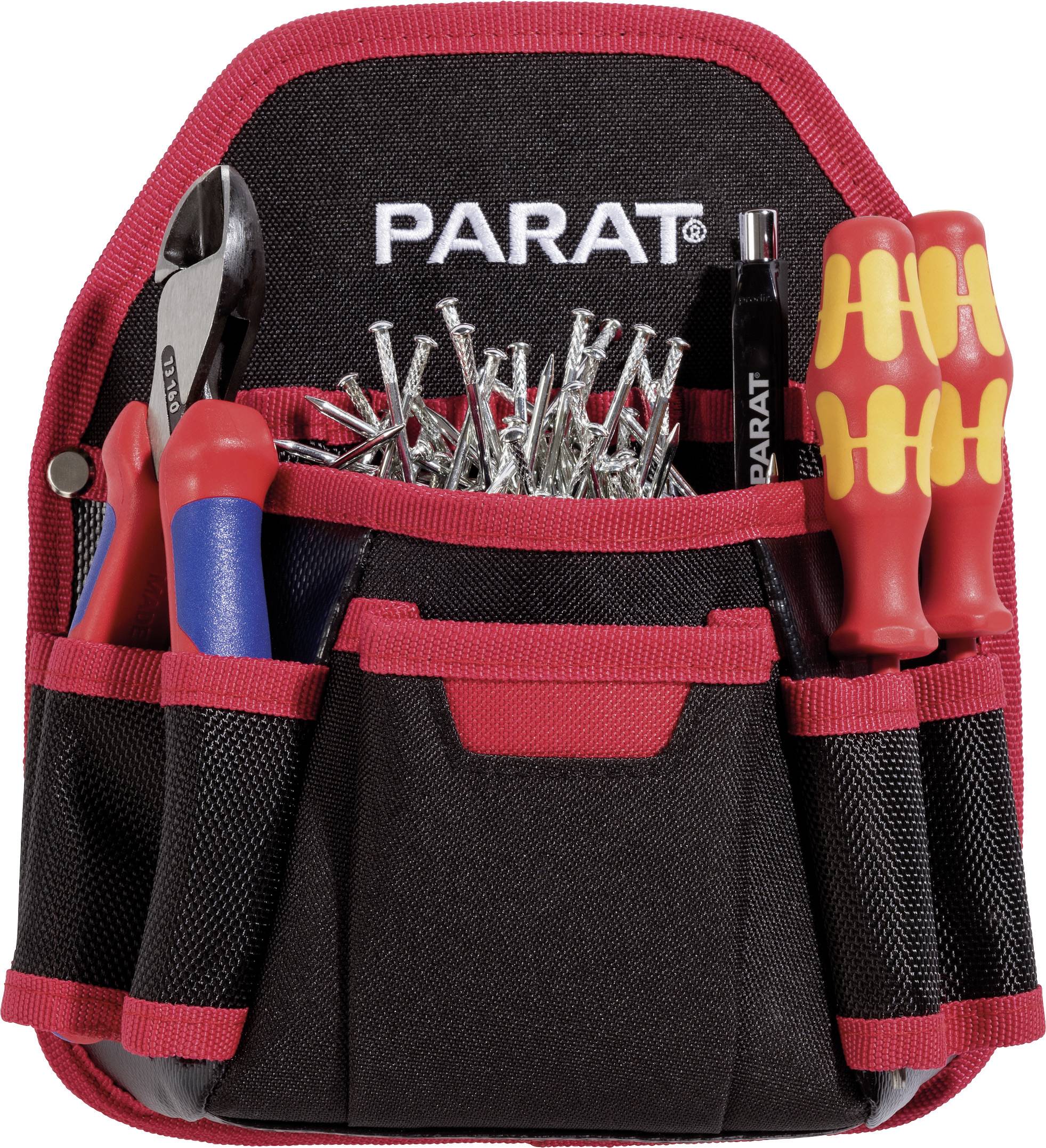 Tool bag with screwdrivers, pliers, nails and a ballpoint pen, on black fabric with a red border.