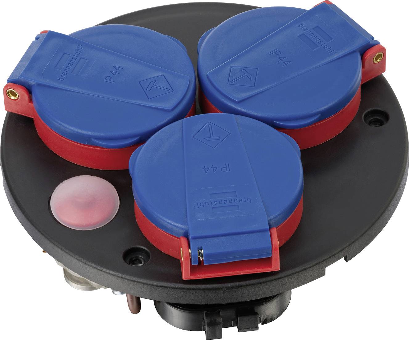 Round black electrical junction box with three blue-and-red flip covers, shown on a white background.