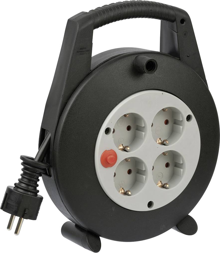 Portable extension cord reel with four-outlet socket and attached power plug, shown in a black carrying case.