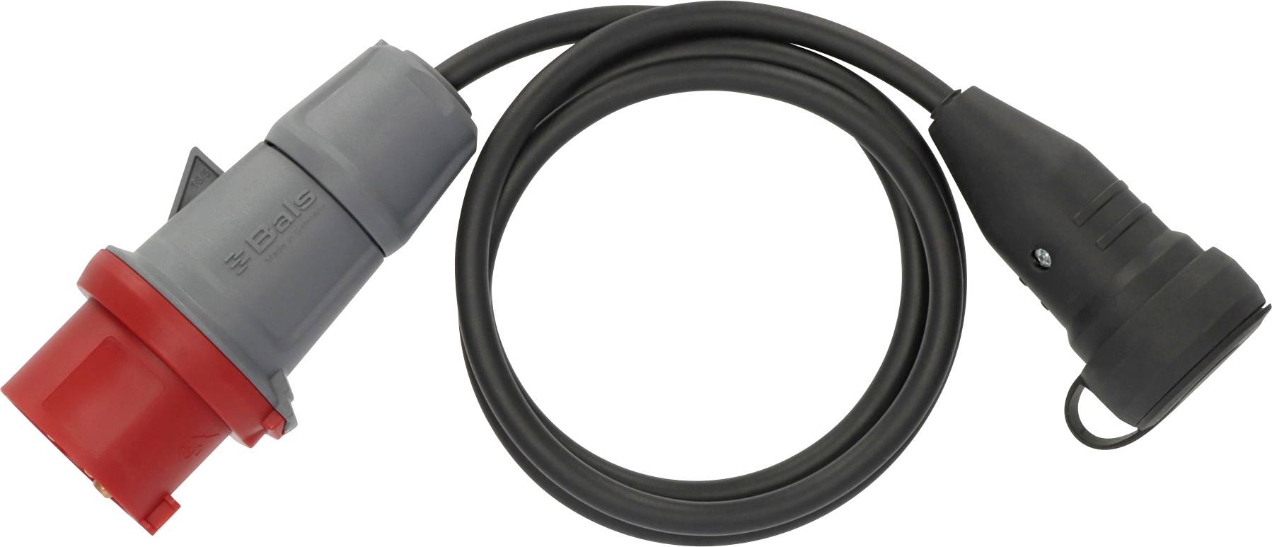 Black electrical power cable with red and gray industrial plug on one end and a black connector on the other, coiled on a white background.