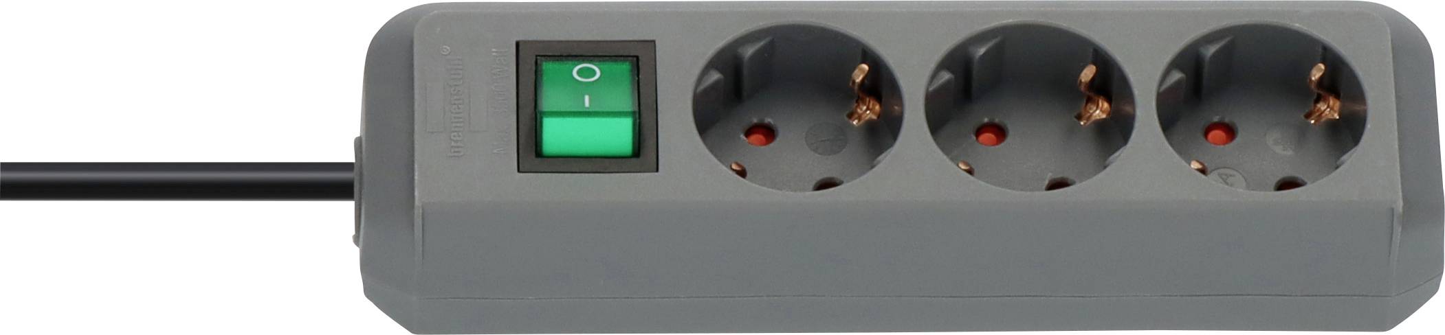 Gray three-socket power strip with green on/off switch and black power cord attached on the left.