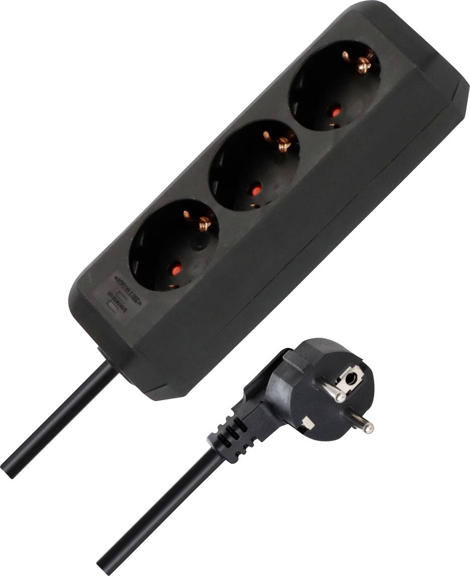 Black three-socket power strip with grounded European plug and attached cord, shown on a white background.