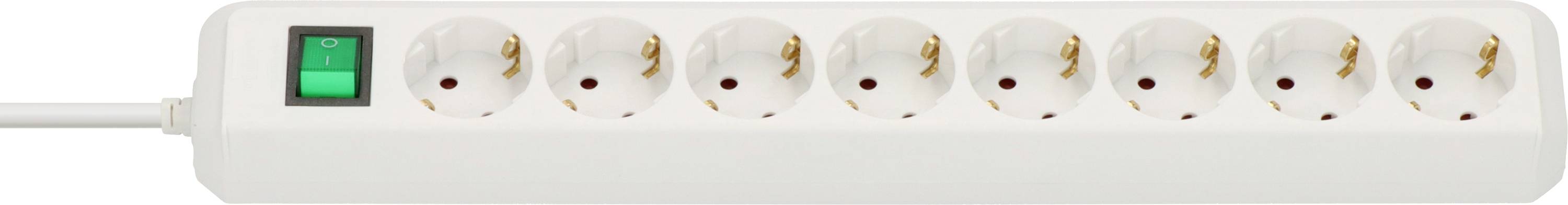 White power strip with eight European-style outlets, a green on/off switch, and a plugged-in cord on the left.