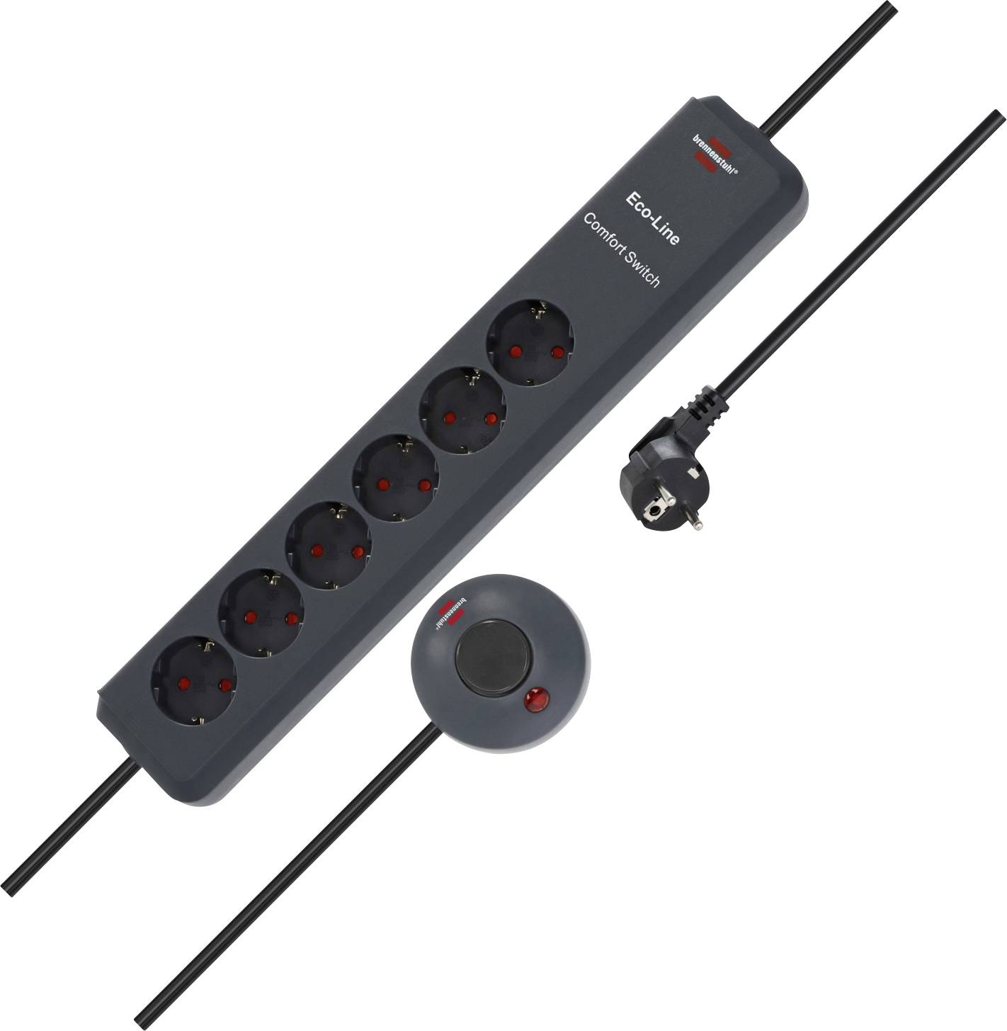 Black Eco-Line control switch power strip with six outlets and round on/off remote switch, shown with attached power cord and plug on white background