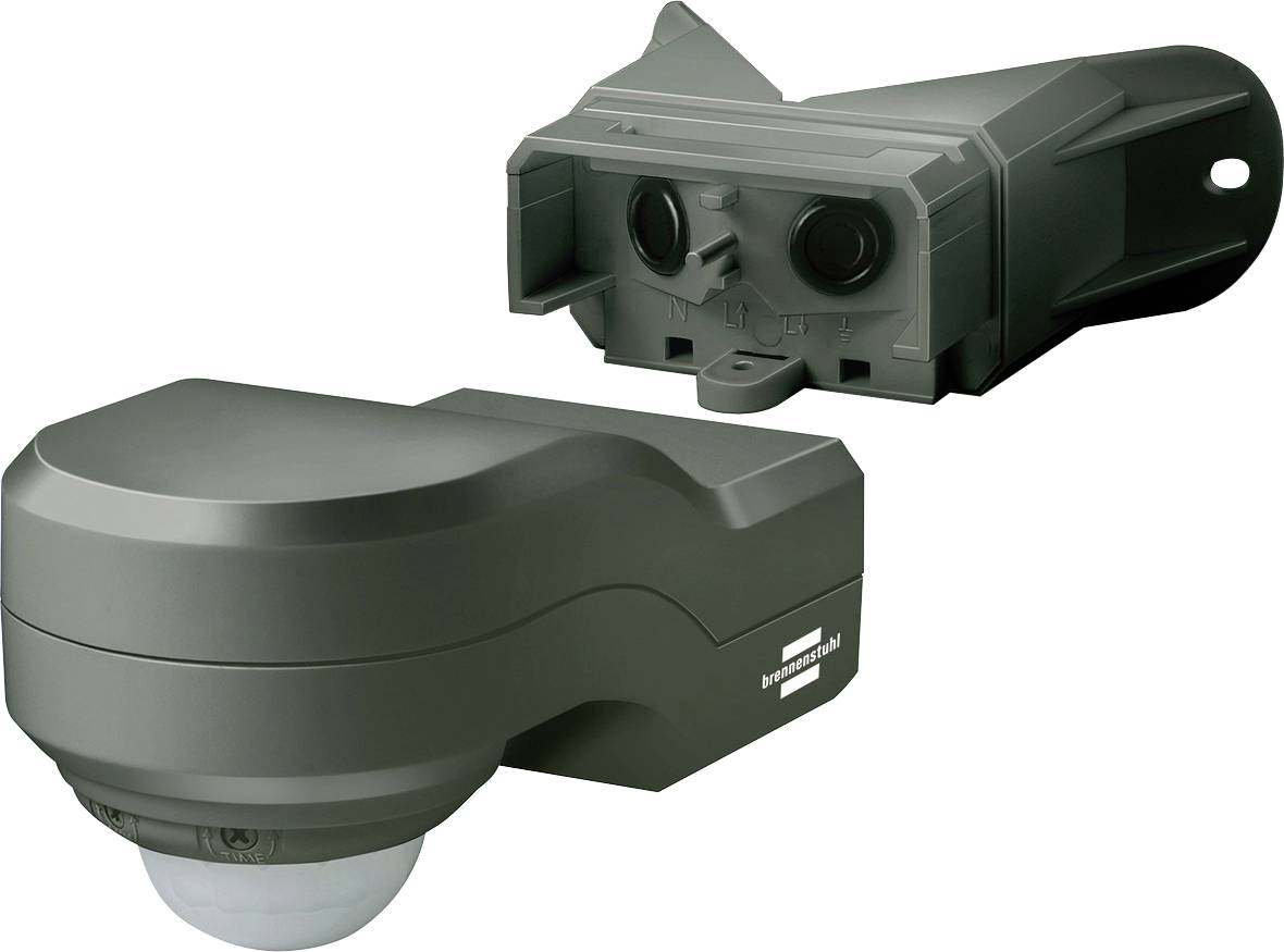 A wall-mounted outdoor motion sensor with a dome lens and separate rear unit, shown in two views on a white background.
