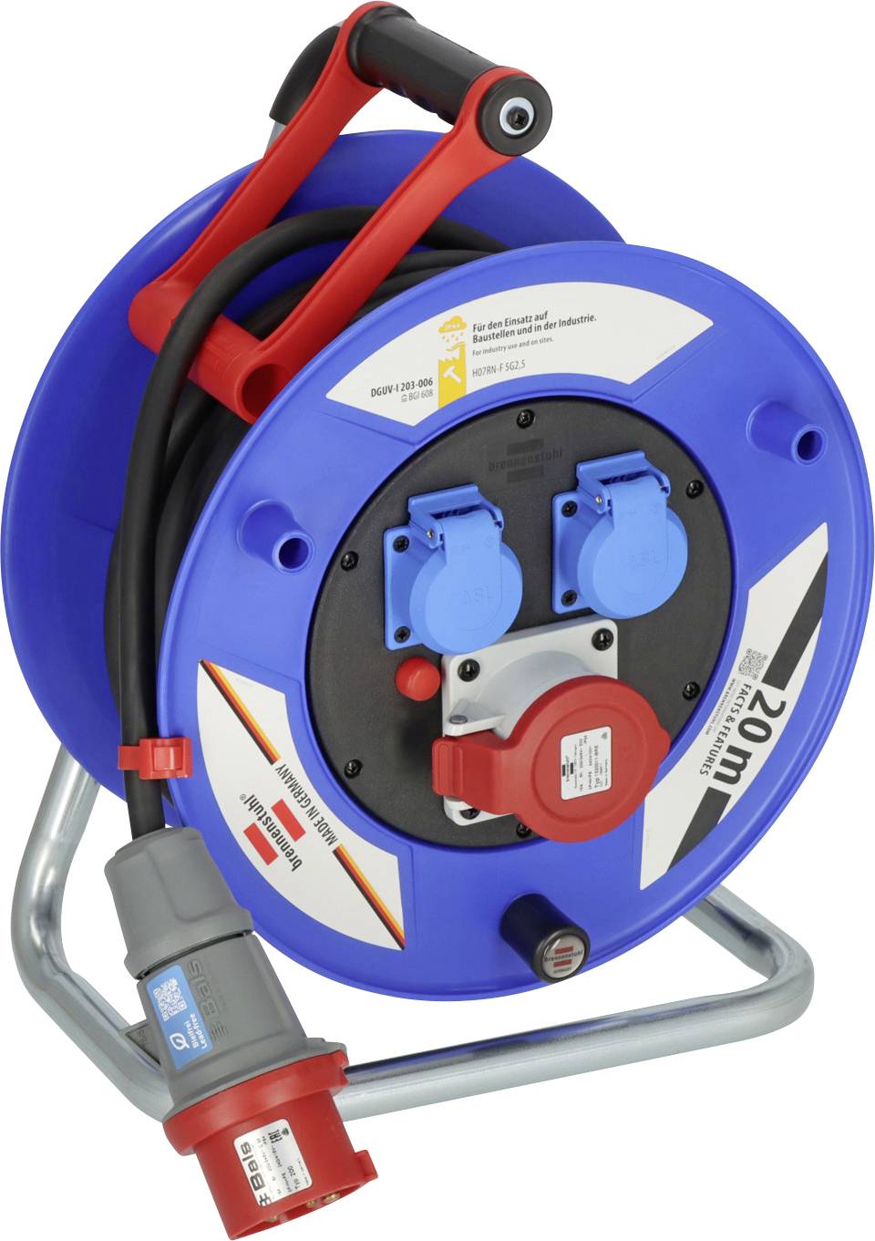 Blue cable reel with red handle and multiple power outlets, showing a coiled extension cord on a metal stand.