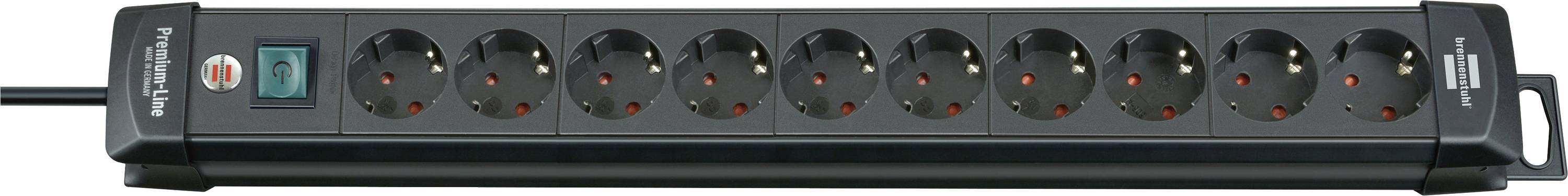 Power strip with eight circular electrical outlets and a blue illuminated power switch on a black housing.