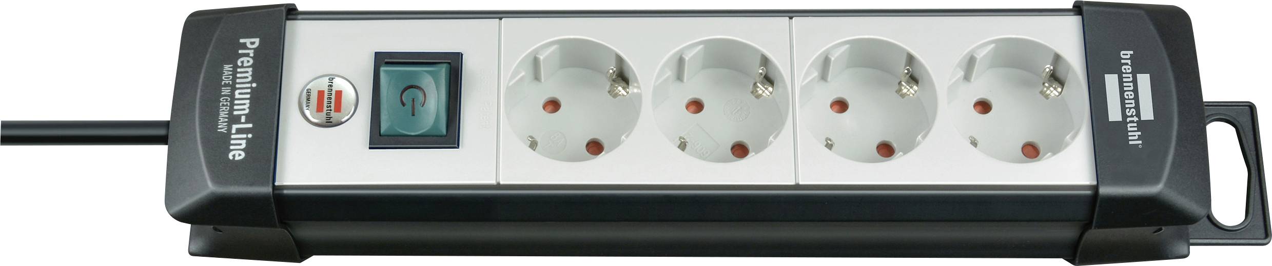 A horizontal power strip with four round outlets and a blue illuminated power switch, shown on a white background.