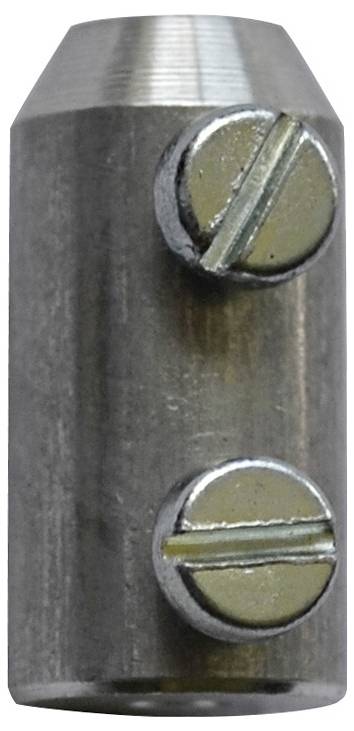 Metal cylinder with two protruding screws on the side. Top slightly bevelled.